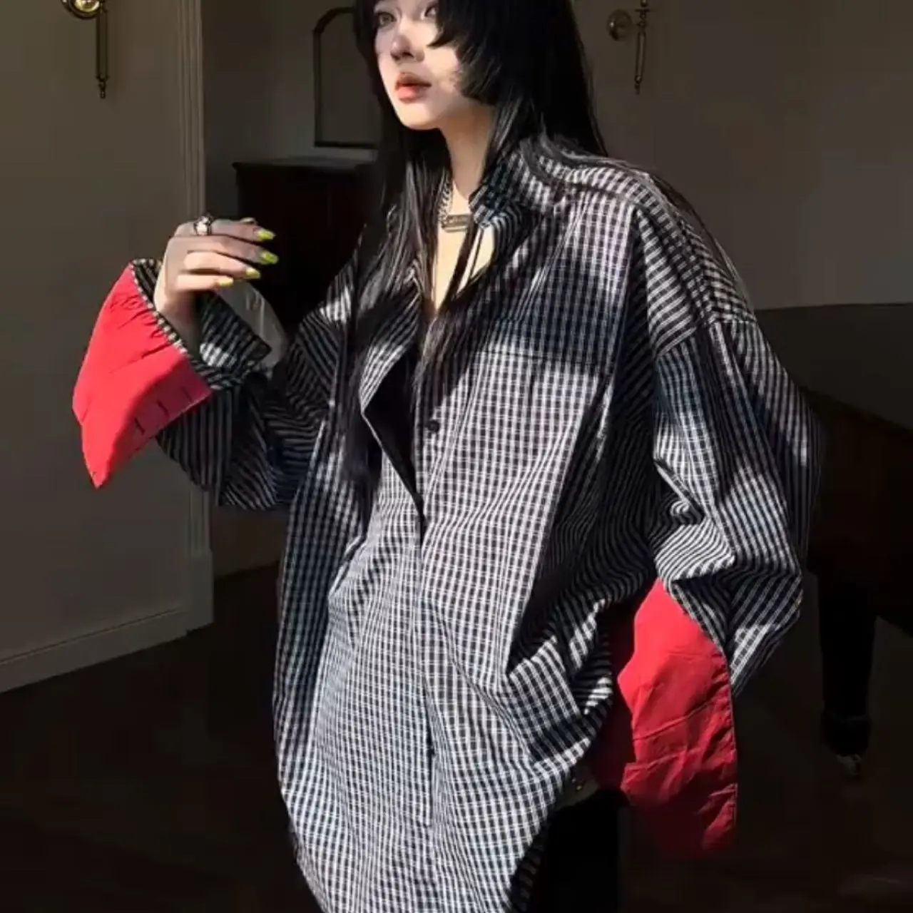 Korean Retro Long-sleeved Contrast Color Stitching Plaid Shirt Female 2025 New Loose Tops Fashionable Temperament Blouse