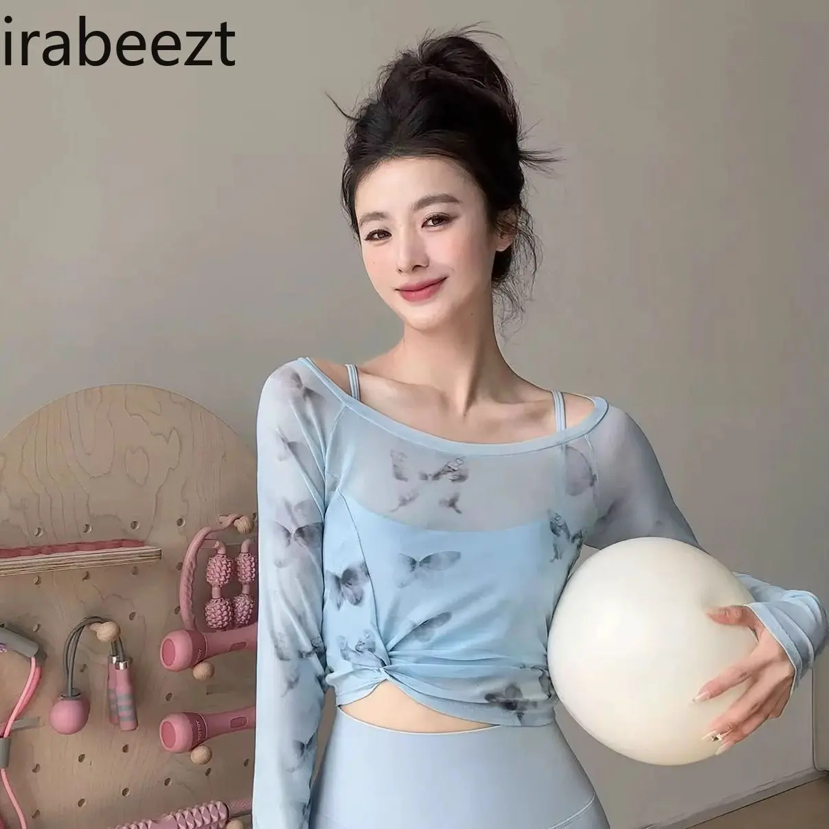 Butterfly Print UV Protection T-Shirt Lightweight Mesh Long Sleeve Top Women's Fashion Cross Design Sun Protection Casual Outfit