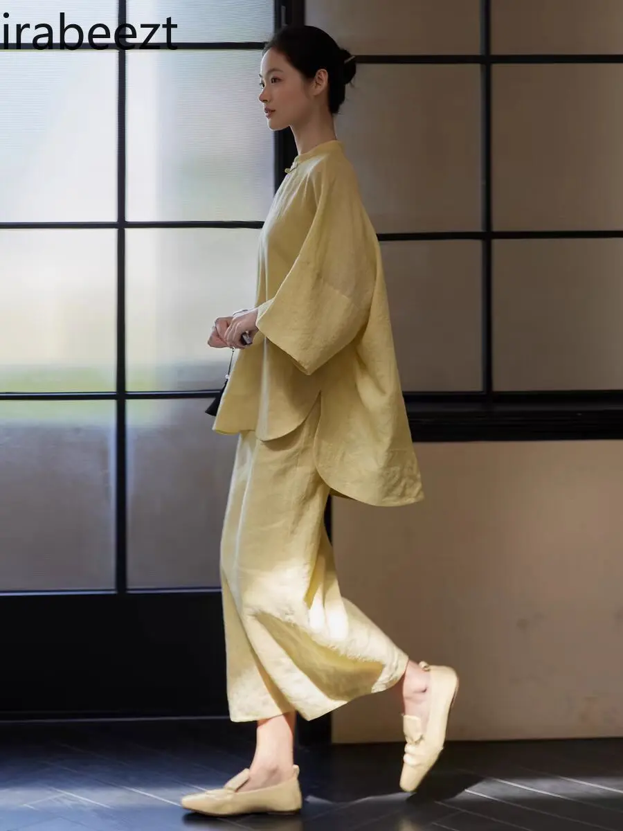New Chinese Style Elegant 7-Sleeve Top + Casual Pants Women's Suit Set Fashion Boho Vintage Outfit Ladies Two-Piece