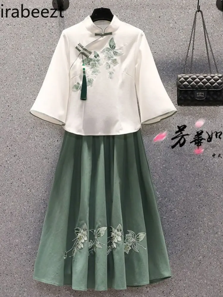 Plus Size Chinese Tang Suit Women's Embroidered Top & Skirt Set Vintage Floral Summer Outfit Traditional Cheongsam Costume