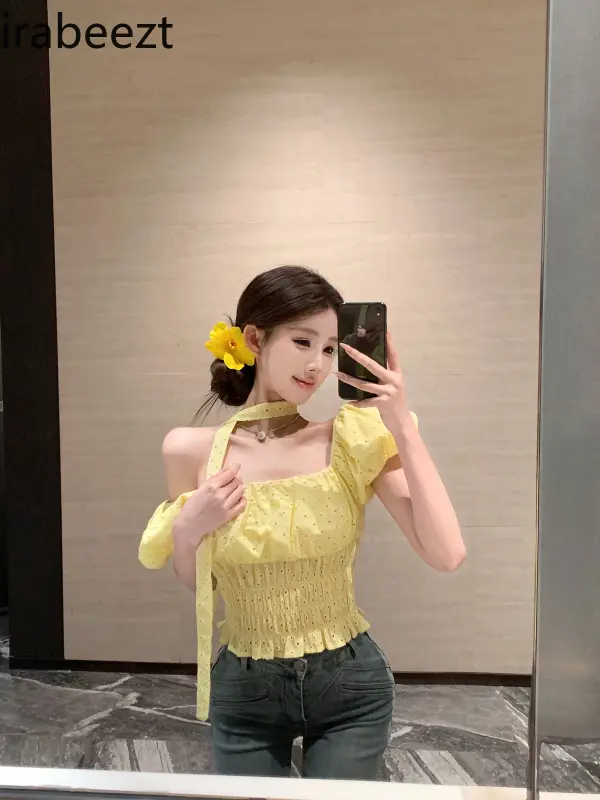Women's Off Shoulder Yellow Bow Tie Blouse Summer Sweet Short Sleeve Shirt Slim Fit Cropped Tops Casual Elegant Feminine Outfit