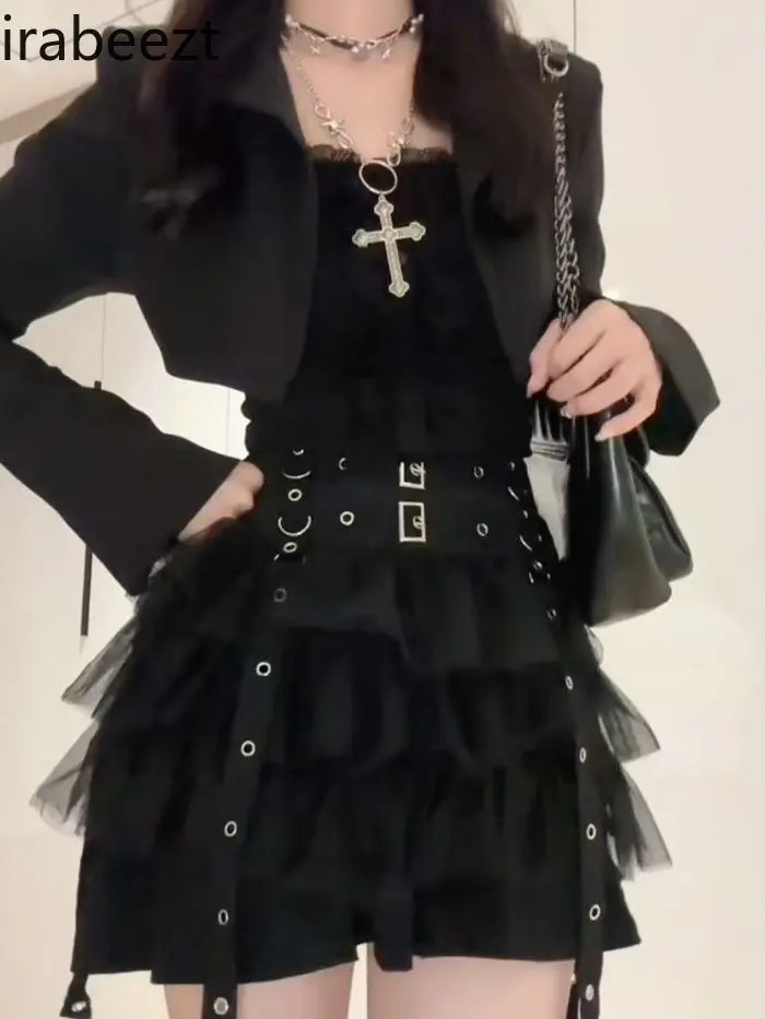 2025 New Gothic Sweet Spicy 3-Piece Set Women's Dark Aesthetic Jacket + Lace Cami + Mini Skirt Outfit Y2K Streetwear Grunge Chic