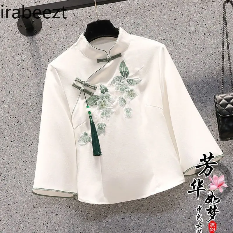 Plus Size Chinese Tang Suit Women's Embroidered Top & Skirt Set Vintage Floral Summer Outfit Traditional Cheongsam Costume
