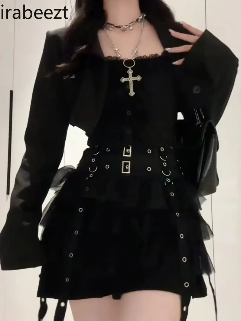 2025 New Gothic Sweet Spicy 3-Piece Set Women's Dark Aesthetic Jacket + Lace Cami + Mini Skirt Outfit Y2K Streetwear Grunge Chic