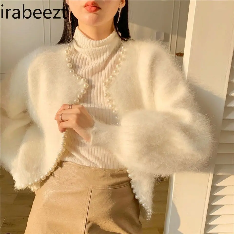 Elegant Pearl Knit Cardigan Women's Coat - Vintage Fluffy Faux Mink Fur Jacket with Lantern Sleeves Sweet Boho Chic Outerwear