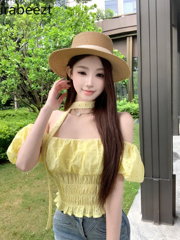 Women's Off Shoulder Yellow Bow Tie Blouse Summer Sweet Short Sleeve Shirt Slim Fit Cropped Tops Casual Elegant Feminine Outfit