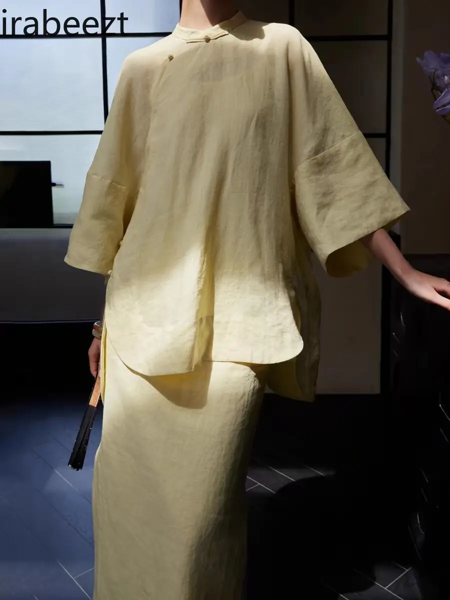 New Chinese Style Elegant 7-Sleeve Top + Casual Pants Women's Suit Set Fashion Boho Vintage Outfit Ladies Two-Piece