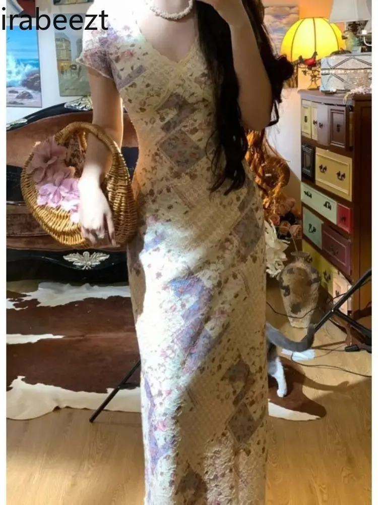 Plus Size Summer Short Sleeve V-neck Lace Dress with Fitted Waist Slimming Long Gown Elegant Resort Style for Women
