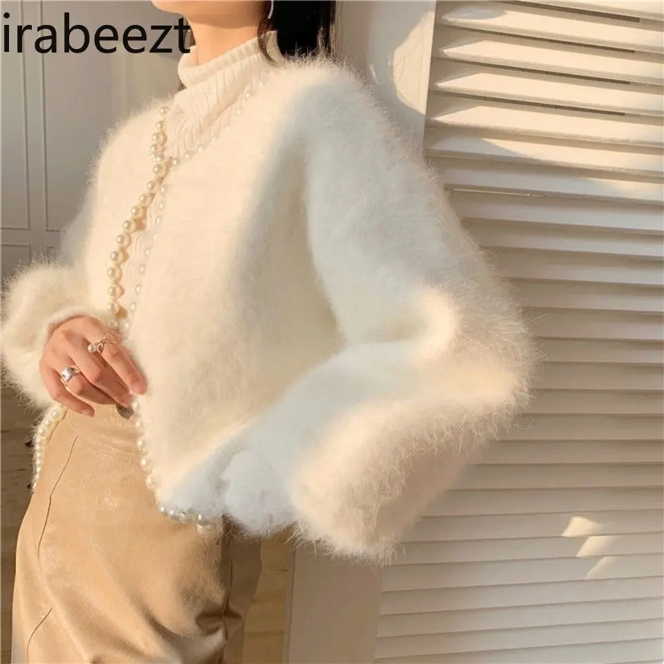 Elegant Pearl Knit Cardigan Women's Coat - Vintage Fluffy Faux Mink Fur Jacket with Lantern Sleeves Sweet Boho Chic Outerwear