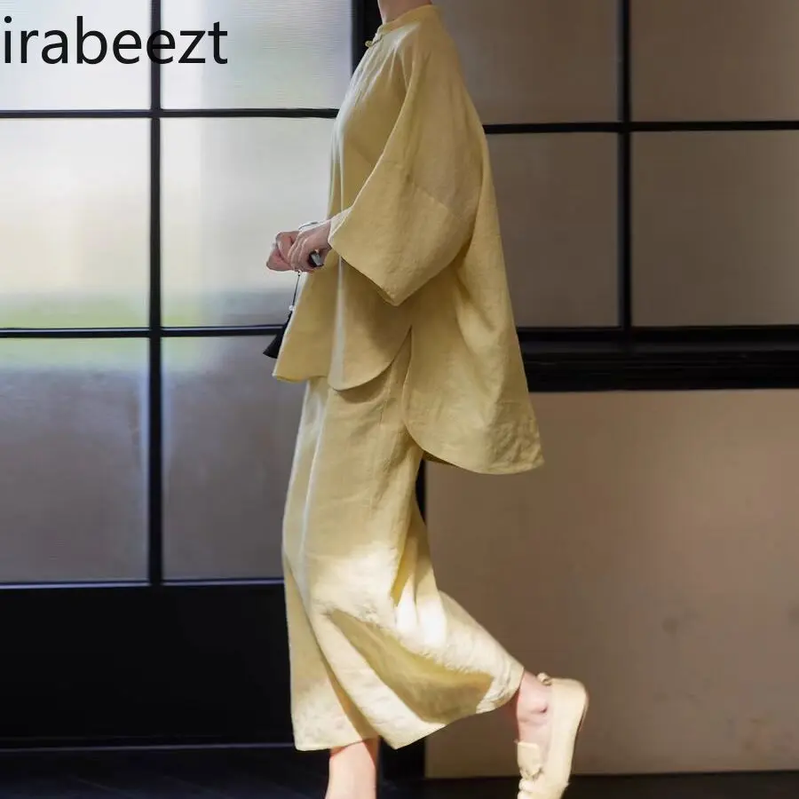 New Chinese Style Elegant 7-Sleeve Top + Casual Pants Women's Suit Set Fashion Boho Vintage Outfit Ladies Two-Piece