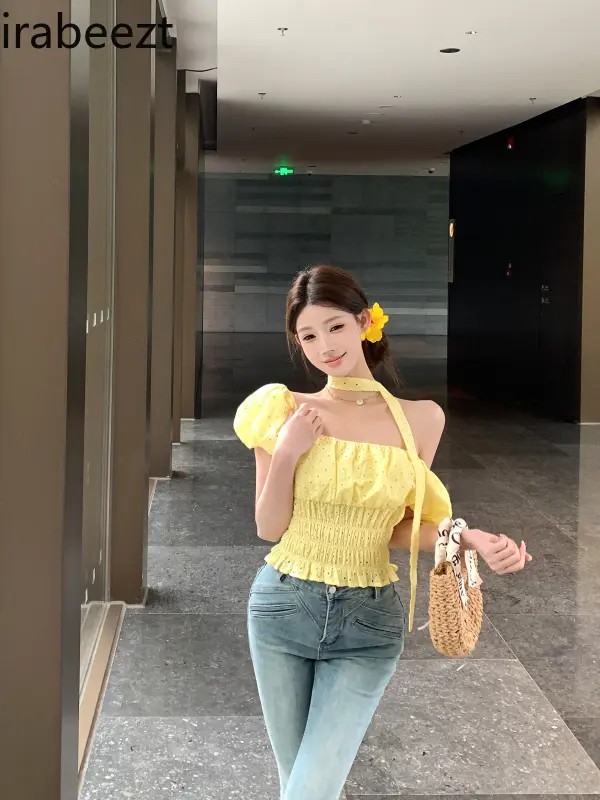 Women's Off Shoulder Yellow Bow Tie Blouse Summer Sweet Short Sleeve Shirt Slim Fit Cropped Tops Casual Elegant Feminine Outfit