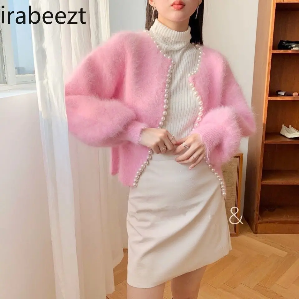 Elegant Pearl Knit Cardigan Women's Coat - Vintage Fluffy Faux Mink Fur Jacket with Lantern Sleeves Sweet Boho Chic Outerwear