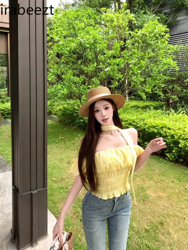 Women's Off Shoulder Yellow Bow Tie Blouse Summer Sweet Short Sleeve Shirt Slim Fit Cropped Tops Casual Elegant Feminine Outfit