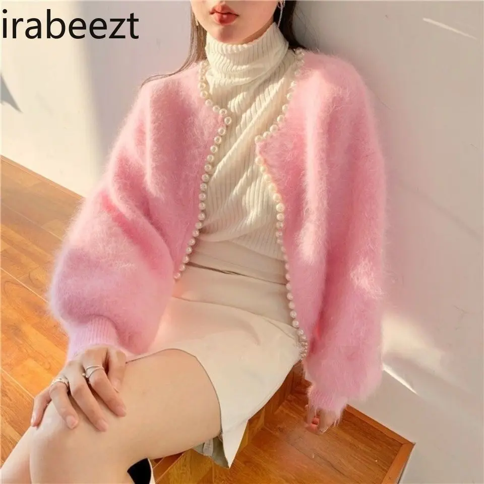 Elegant Pearl Knit Cardigan Women's Coat - Vintage Fluffy Faux Mink Fur Jacket with Lantern Sleeves Sweet Boho Chic Outerwear