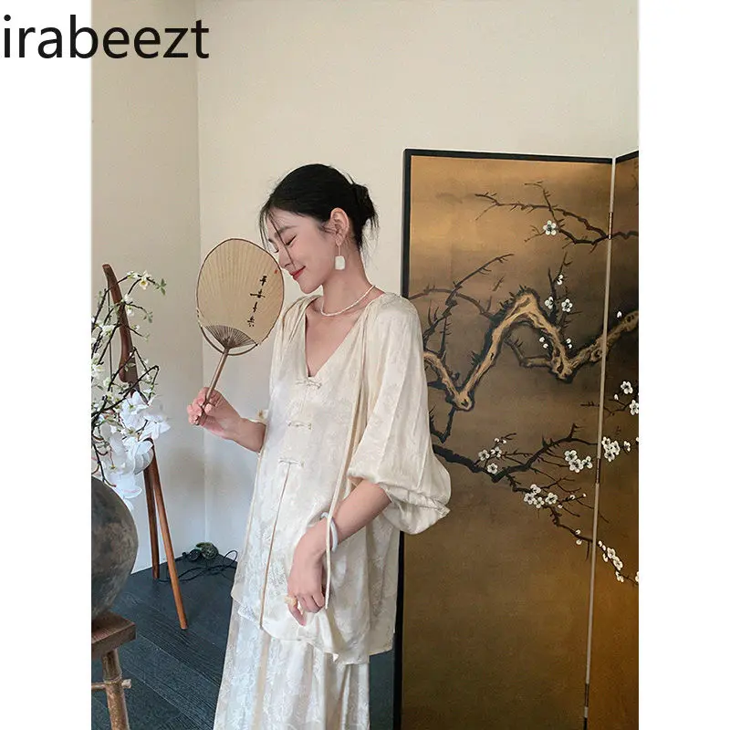 Autumn New Chinese Style Two-Piece Outfit for Women - Lantern Sleeve V-Neck Top & High-Waist Skirt Set - Casual Elegant Hanfu