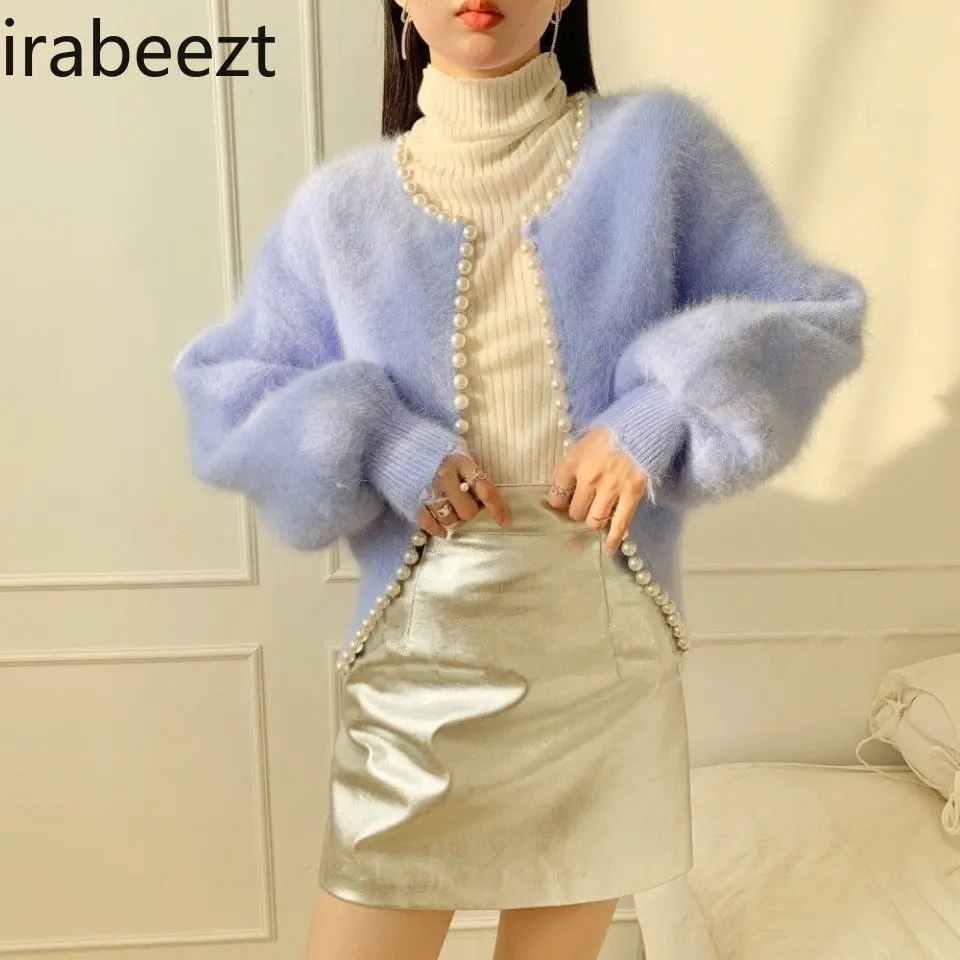 Elegant Pearl Knit Cardigan Women's Coat - Vintage Fluffy Faux Mink Fur Jacket with Lantern Sleeves Sweet Boho Chic Outerwear