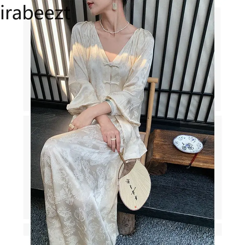 Autumn New Chinese Style Two-Piece Outfit for Women - Lantern Sleeve V-Neck Top & High-Waist Skirt Set - Casual Elegant Hanfu