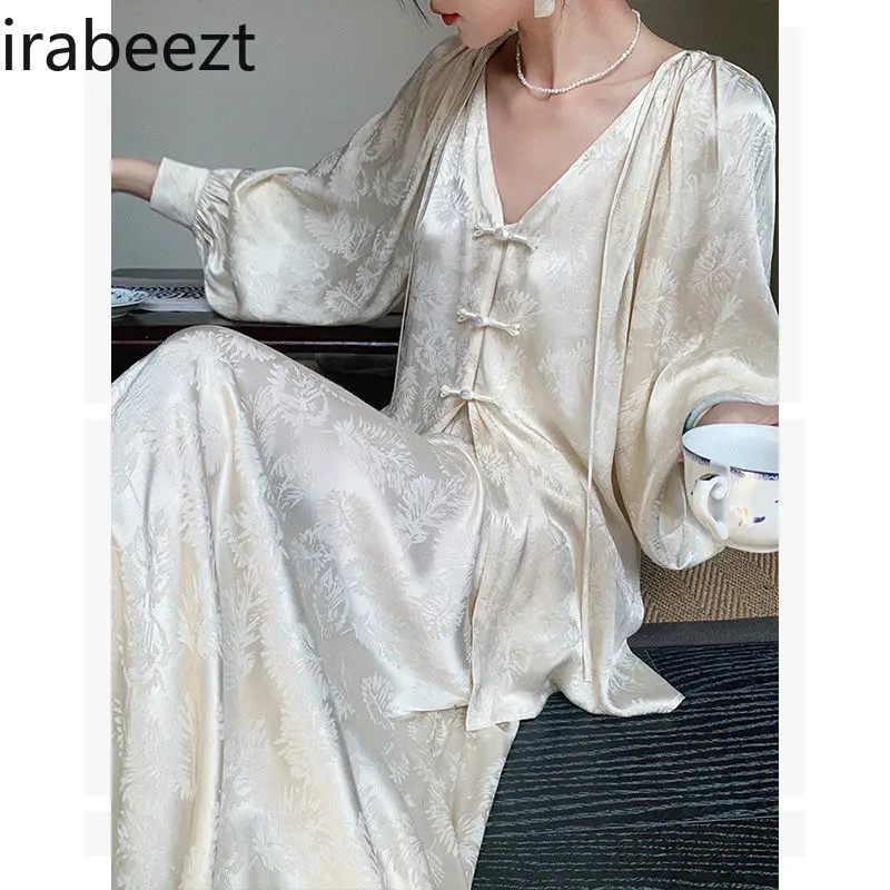 Autumn New Chinese Style Two-Piece Outfit for Women - Lantern Sleeve V-Neck Top & High-Waist Skirt Set - Casual Elegant Hanfu