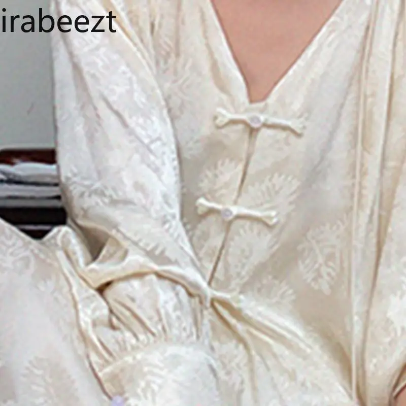 Autumn New Chinese Style Two-Piece Outfit for Women - Lantern Sleeve V-Neck Top & High-Waist Skirt Set - Casual Elegant Hanfu
