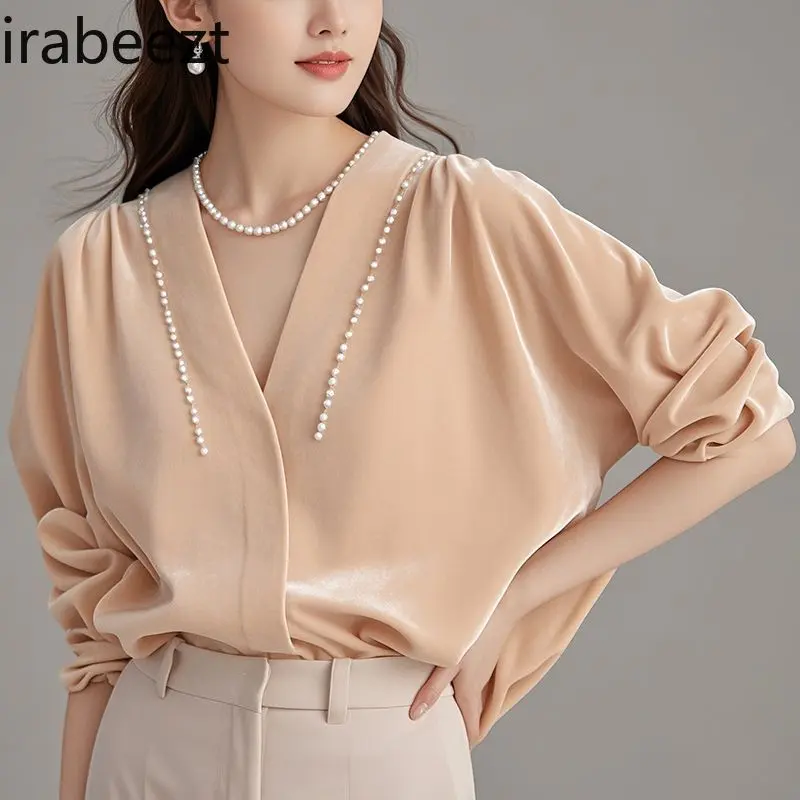 Elegant French Style Velvet Blouse for Women - Unique Beaded Satin Shirt Pastel Pink  Autumn 2025 Fashion Stylish & Eye-catching