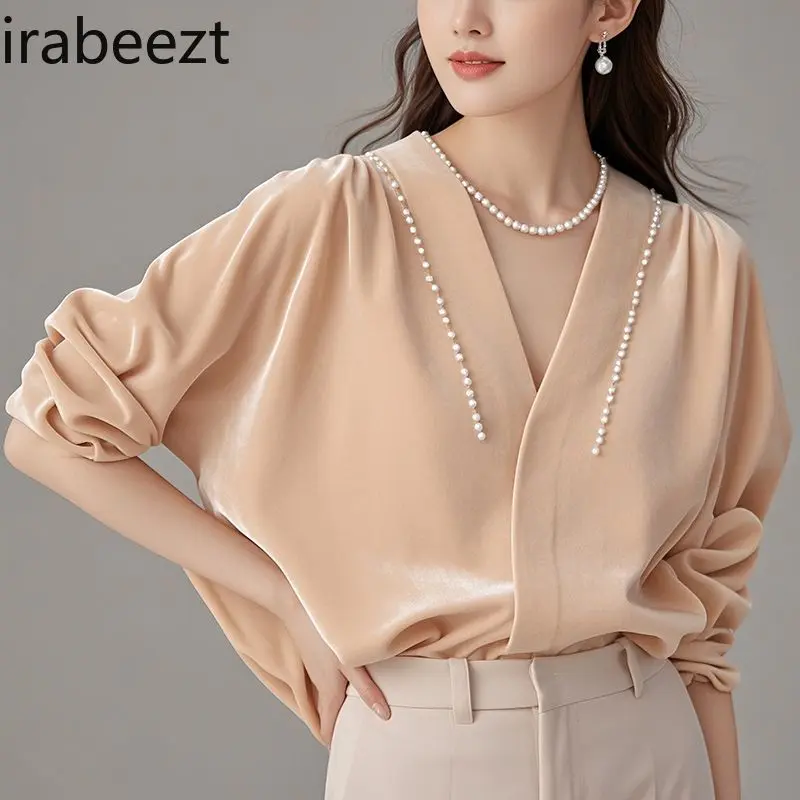 Elegant French Style Velvet Blouse for Women - Unique Beaded Satin Shirt Pastel Pink  Autumn 2025 Fashion Stylish & Eye-catching