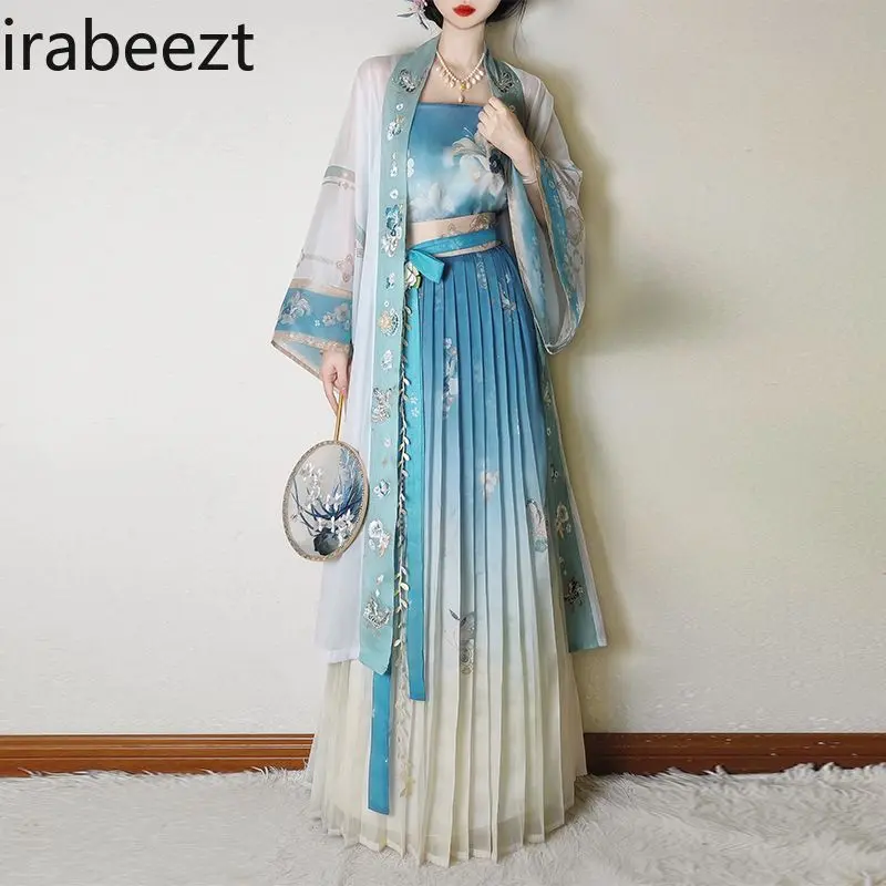 Women's Song Dynasty Hanfu Outfit Embroidered Long Shirt High Waist Skirt Casual Spring Summer Traditional Chinese Costume Set