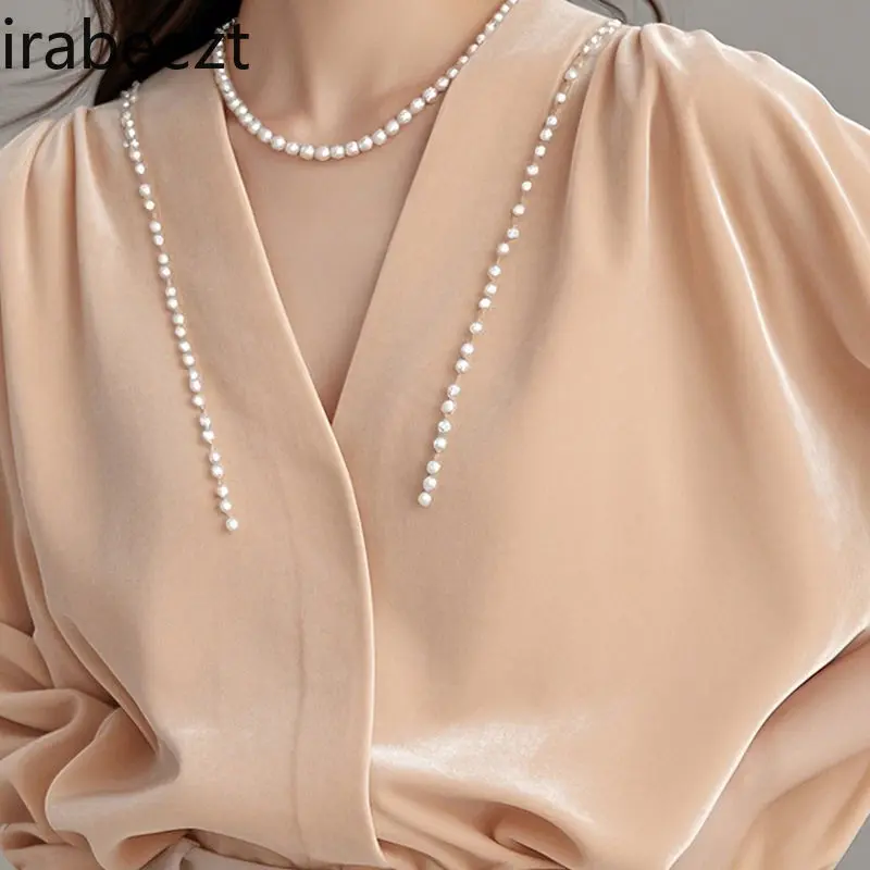 Elegant French Style Velvet Blouse for Women - Unique Beaded Satin Shirt Pastel Pink  Autumn 2025 Fashion Stylish & Eye-catching