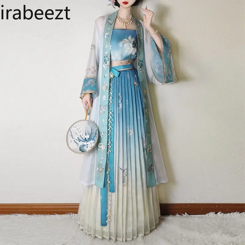 Women's Song Dynasty Hanfu Outfit Embroidered Long Shirt High Waist Skirt Casual Spring Summer Traditional Chinese Costume Set