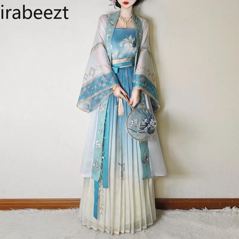 Women's Song Dynasty Hanfu Outfit Embroidered Long Shirt High Waist Skirt Casual Spring Summer Traditional Chinese Costume Set
