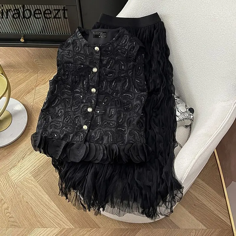New Chinese Style Embroidered Sequins Vest + Sheer Skirt Set Women's Elegant Loose Fit Spring Summer Outfit