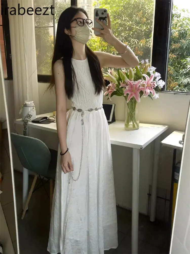 2025 New French Style Off-Shoulder Vest Robe for Women Summer White Lined Elegant Fitted Waist Stunning Long Dress