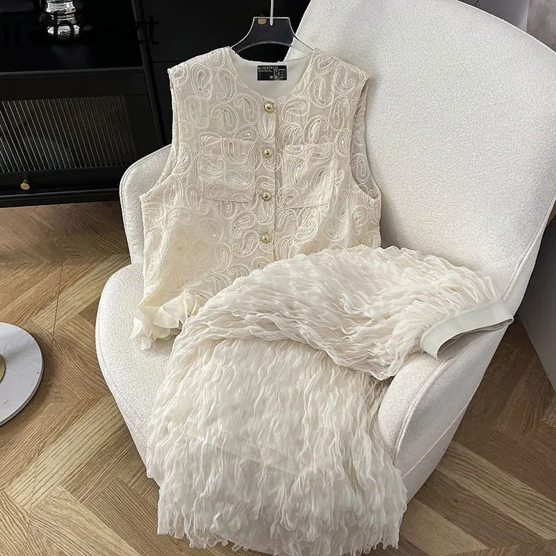 New Chinese Style Embroidered Sequins Vest + Sheer Skirt Set Women's Elegant Loose Fit Spring Summer Outfit