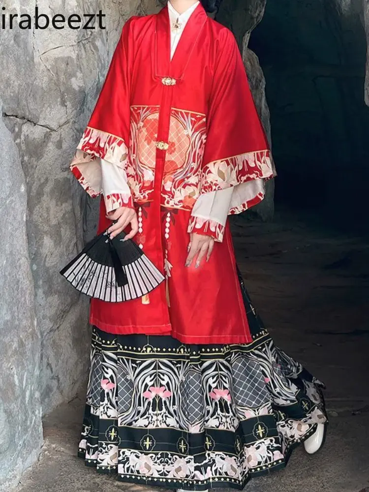 Chinese Traditional Ming Dynasty Style Floral Print High Waist Pleated Skirt 3-Piece Set Hanfu Embroidered Top & Maxi Skirt