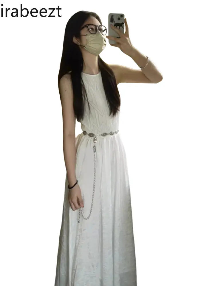 2025 New French Style Off-Shoulder Vest Robe for Women Summer White Lined Elegant Fitted Waist Stunning Long Dress