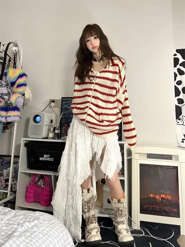Knitted Stripe Cardigan Women Hoodie Autumn Spring Rabbit Ears Hollowed Out Knitwear LOOSE FIT Female Clothing