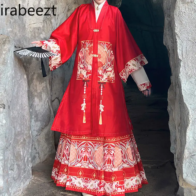 Chinese Traditional Ming Dynasty Style Floral Print High Waist Pleated Skirt 3-Piece Set Hanfu Embroidered Top & Maxi Skirt