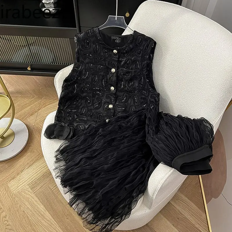 New Chinese Style Embroidered Sequins Vest + Sheer Skirt Set Women's Elegant Loose Fit Spring Summer Outfit