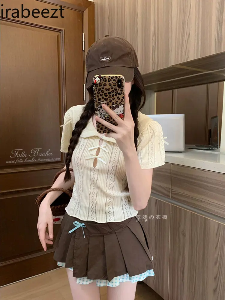 Sweet & Sexy Bow Tie Babydoll Neck Short Sleeve Knit Top Women Summer Y2K Hollow Out Crop Tee Cute Casual Blouse