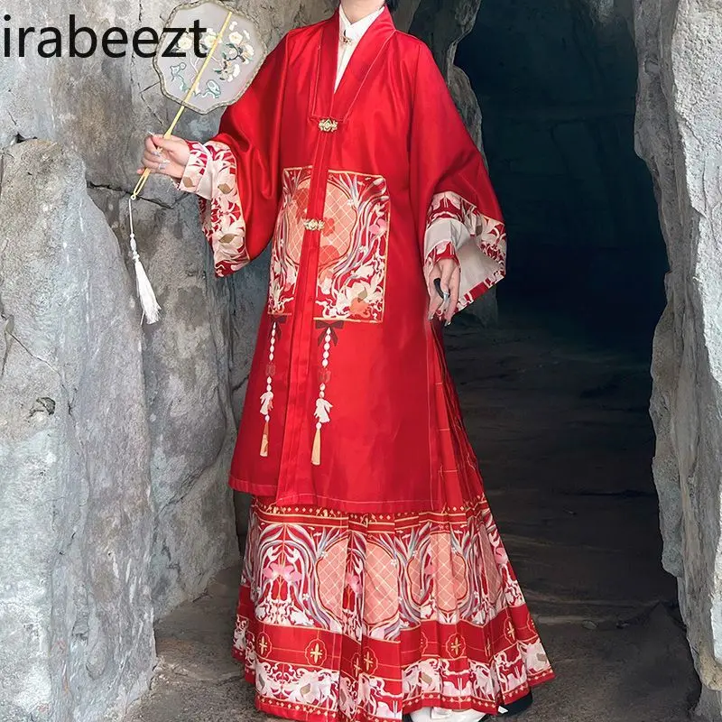Chinese Traditional Ming Dynasty Style Floral Print High Waist Pleated Skirt 3-Piece Set Hanfu Embroidered Top & Maxi Skirt