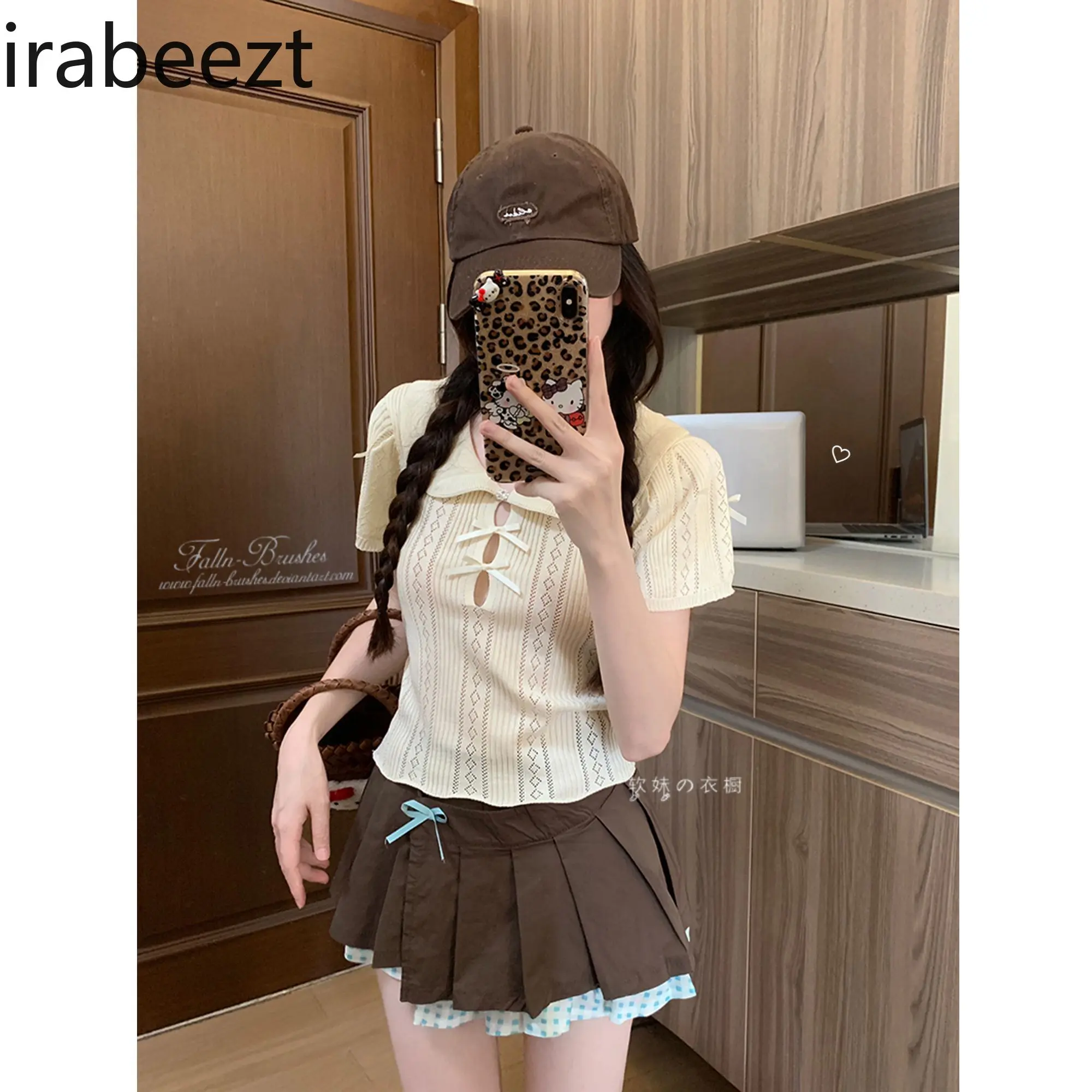 Sweet & Sexy Bow Tie Babydoll Neck Short Sleeve Knit Top Women Summer Y2K Hollow Out Crop Tee Cute Casual Blouse