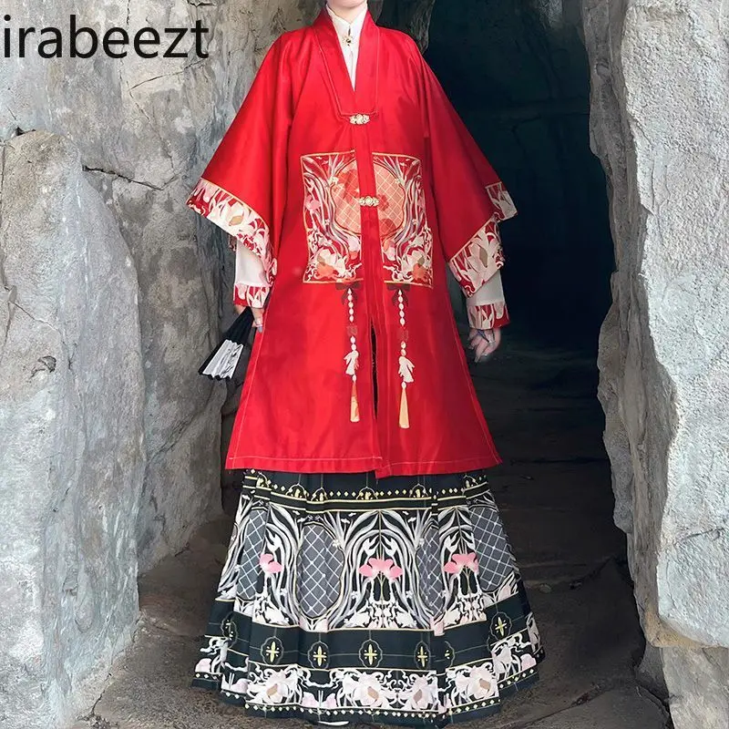 Chinese Traditional Ming Dynasty Style Floral Print High Waist Pleated Skirt 3-Piece Set Hanfu Embroidered Top & Maxi Skirt
