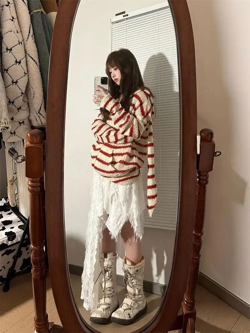 Knitted Stripe Cardigan Women Hoodie Autumn Spring Rabbit Ears Hollowed Out Knitwear LOOSE FIT Female Clothing