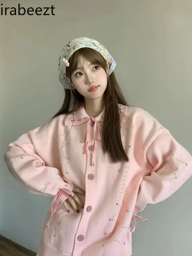 National Trend Niche Design Strap Star Knitted Cardigan Women 2025 Autumn New POLO Collar Pink Top Sweater Women