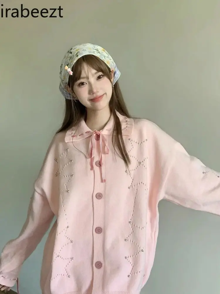 National Trend Niche Design Strap Star Knitted Cardigan Women 2025 Autumn New POLO Collar Pink Top Sweater Women