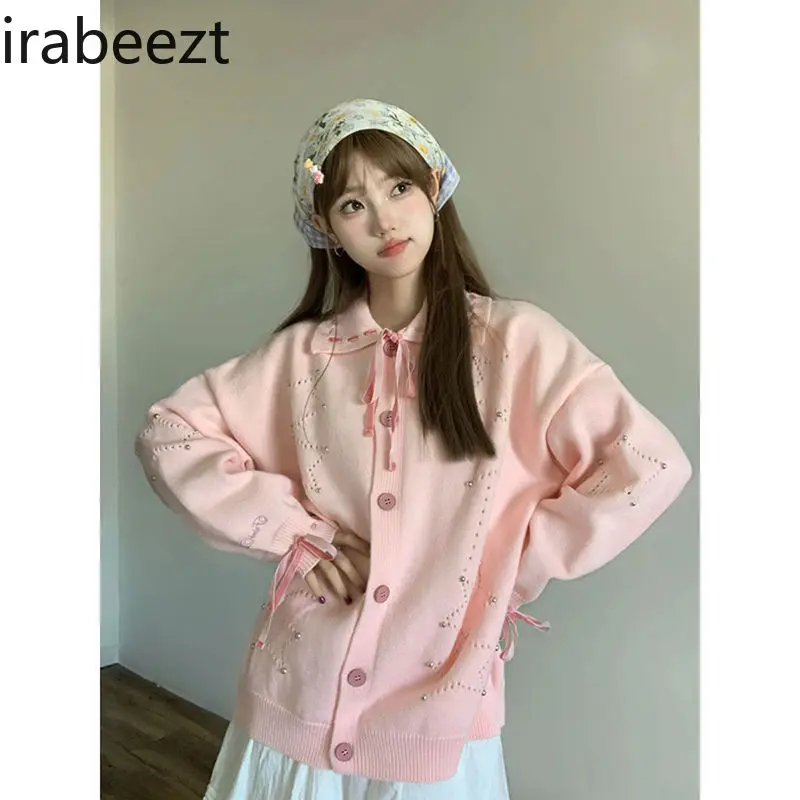 National Trend Niche Design Strap Star Knitted Cardigan Women 2025 Autumn New POLO Collar Pink Top Sweater Women