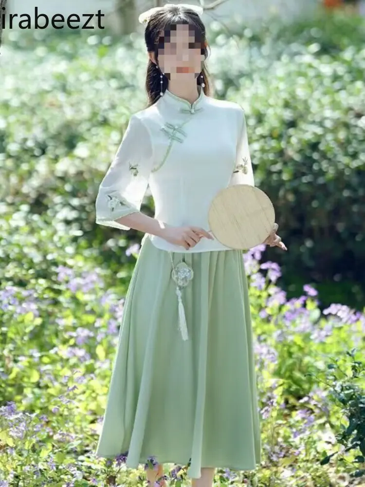 Elegant Chinese Style Floral Print Cheongsam Set Women's Boho Chic Tea Dress Hanfu Two-Piece Outfit Vintage Oriental Fashion