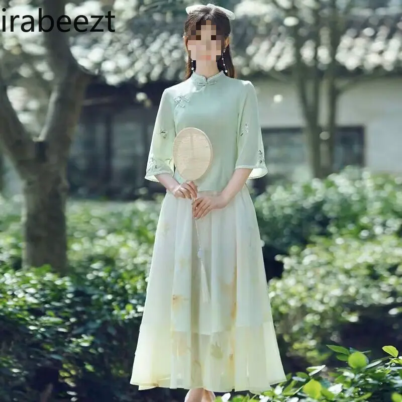 Elegant Chinese Style Floral Print Cheongsam Set Women's Boho Chic Tea Dress Hanfu Two-Piece Outfit Vintage Oriental Fashion