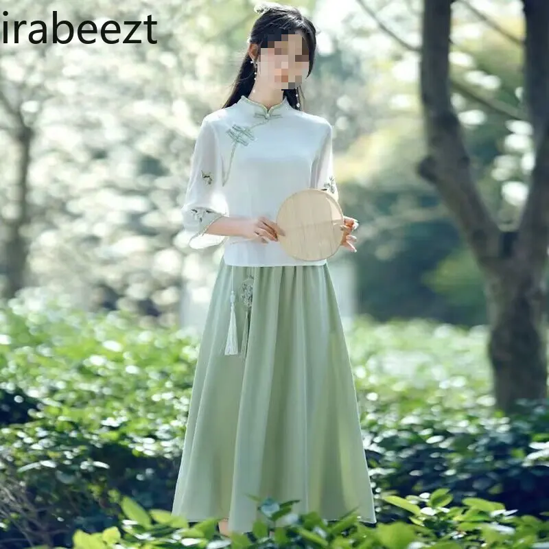 Elegant Chinese Style Floral Print Cheongsam Set Women's Boho Chic Tea Dress Hanfu Two-Piece Outfit Vintage Oriental Fashion