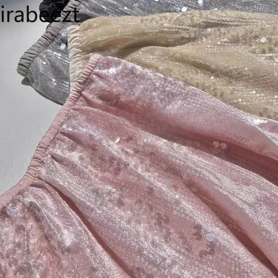 Spring Velvet Sequin Midi Skirt Women's High Waist A-Line Fishtail Elegant Slim Bodycon Party Skirt Chic Fashion