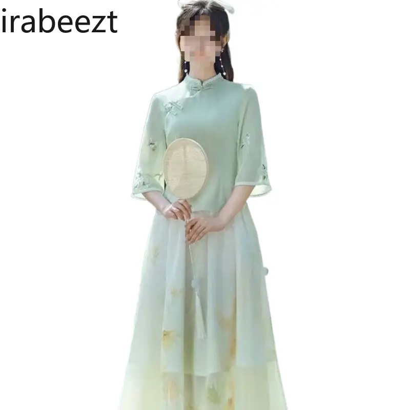 Elegant Chinese Style Floral Print Cheongsam Set Women's Boho Chic Tea Dress Hanfu Two-Piece Outfit Vintage Oriental Fashion